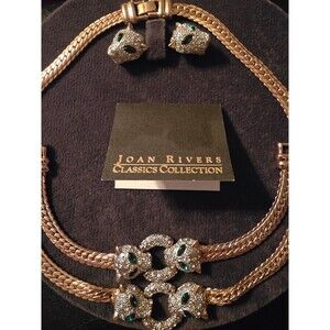 Vtg Joan Rivers Parure Crystal Panther Heads Green Eyes, Gold Tone